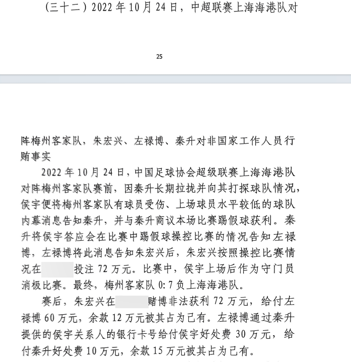 網(wǎng)傳判決書：梅州0-7海港，梅州守門員侯宇收30萬好處費消極比賽