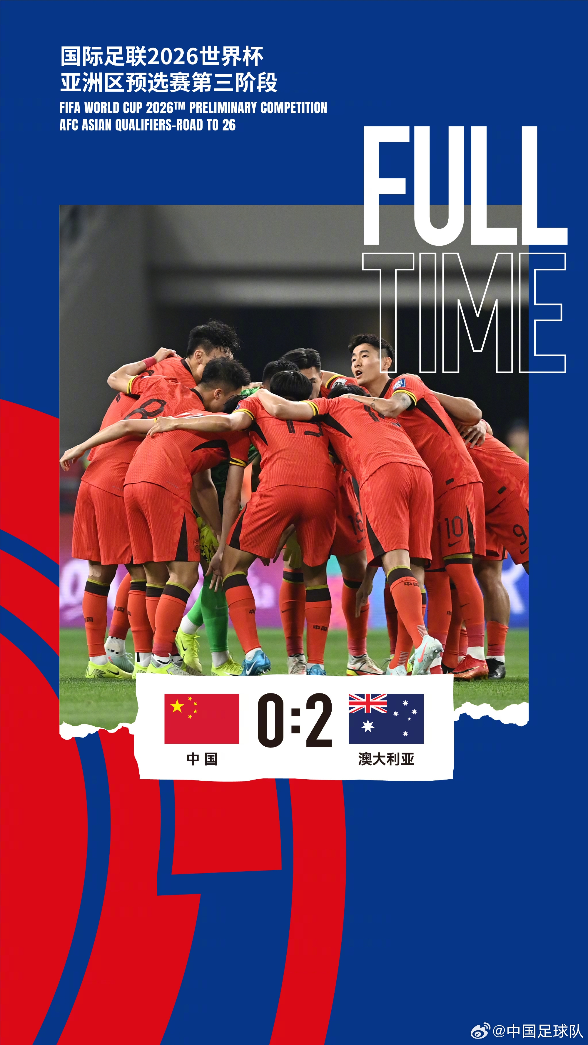 美加墨世界杯亞洲區(qū)預(yù)選賽第三階段第八輪，中國(guó)隊(duì)0-2澳大利亞隊(duì)
