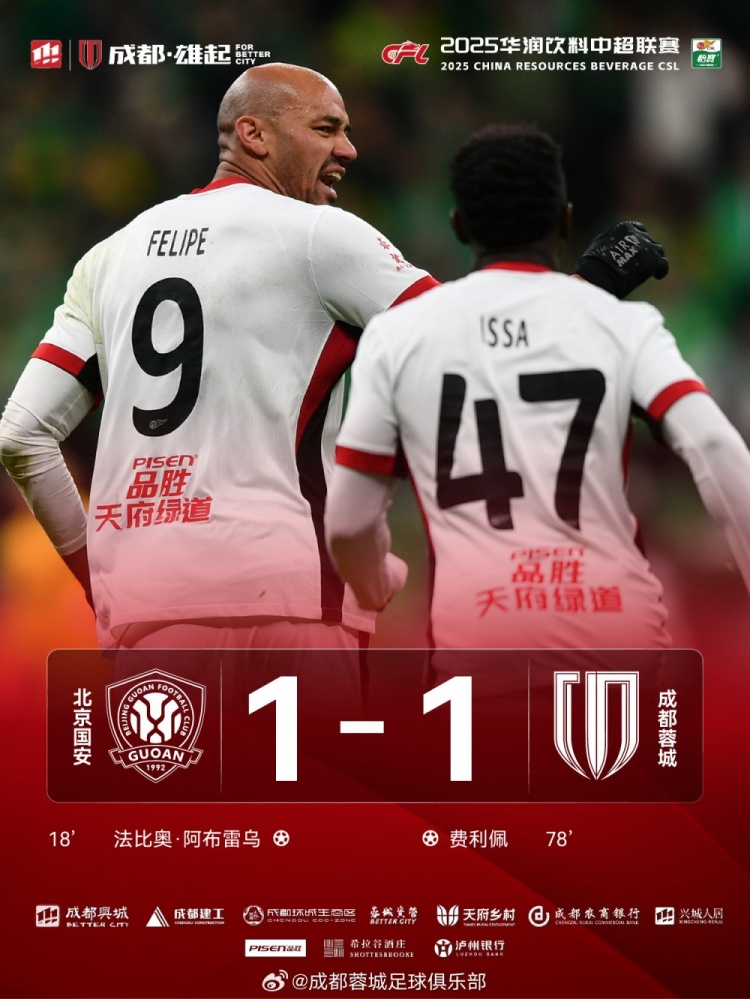 今晚成都蓉城遠(yuǎn)征北京工體對陣北京國安，最終1-1戰(zhàn)平對手